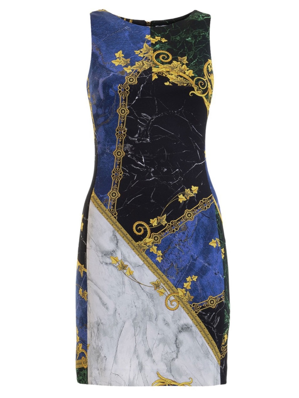 Versace Blue Black Green Marble-Print Sheath Dress with Gold Accents